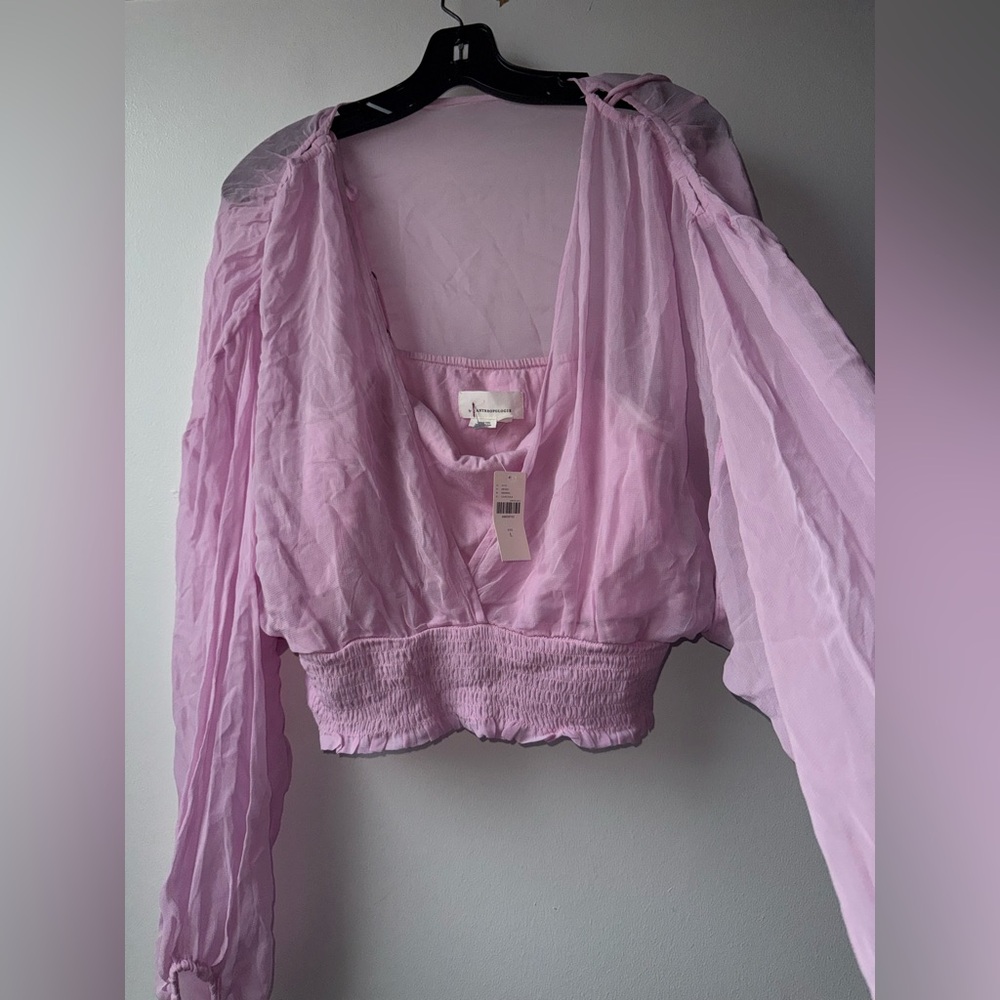 Anthropologie Pale Lilac Sheer Peasant Blouse with Smocked Waist - Picture 12 of 14